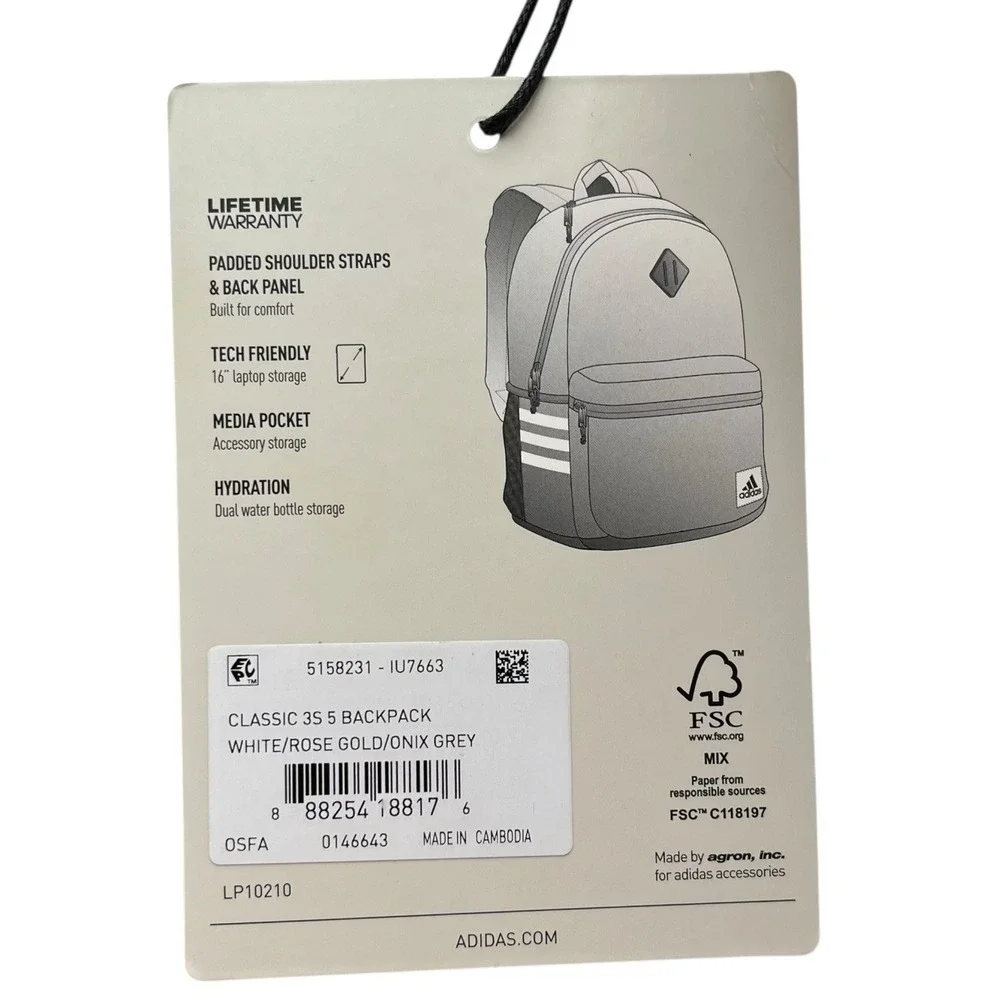 Adidas Classic 3S 5 Unisex School Backpack Fits 16" Laptop White Rose Gold - Picture 12 of 12